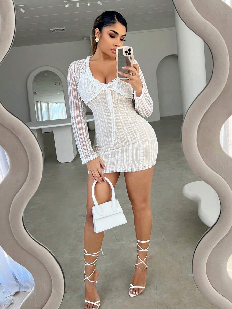 SHEIN SXY Conjunto de vestido elegante de encaje sexy con cárdigan 2 piezas - Blanco - Ver 1
