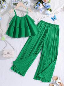 適合青少女的運動休閒春夏套裝：編織純色背心上衣配高壓折疊長褲 - 綠色 - 查看 1