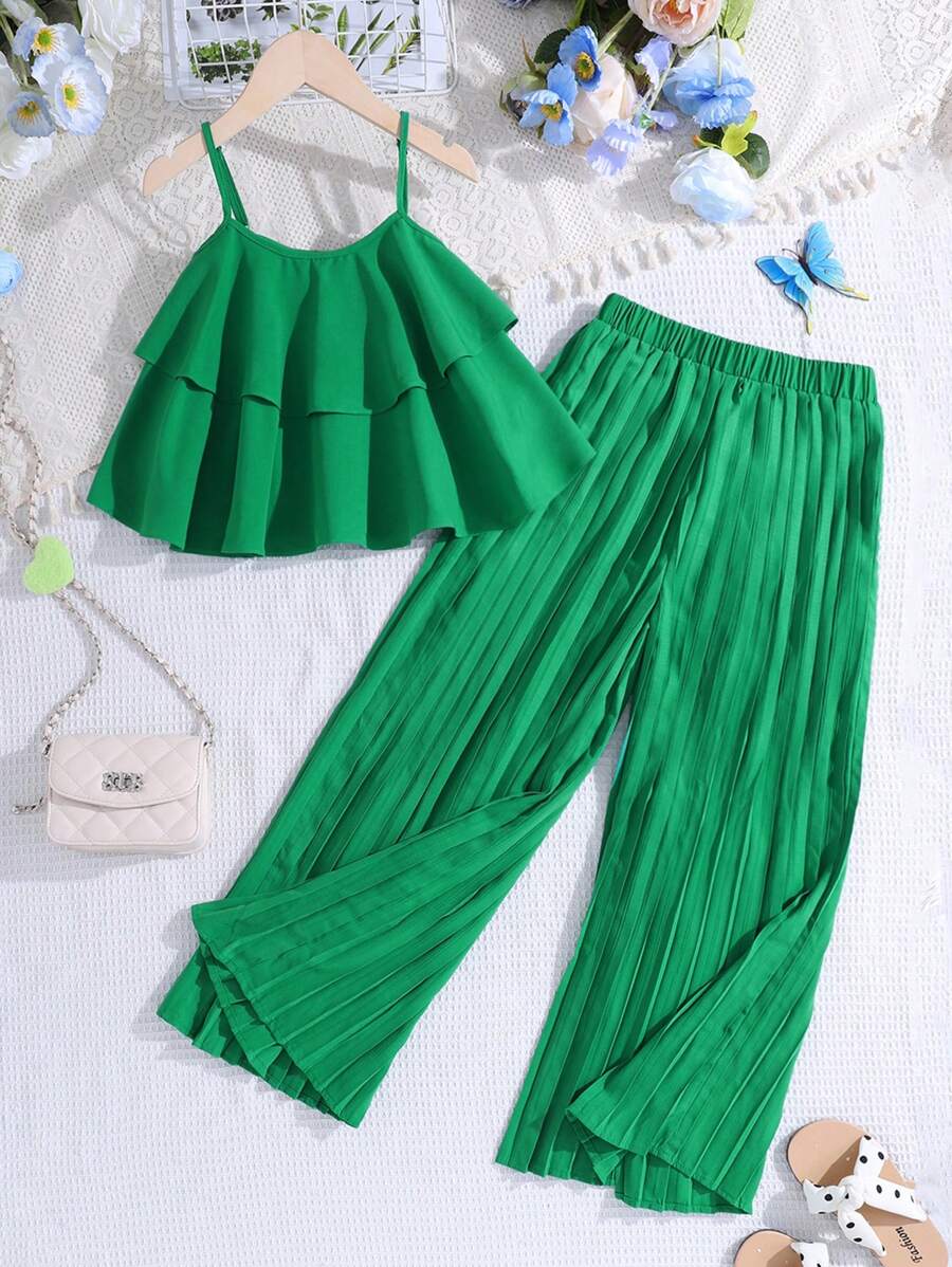 適合青少女的運動休閒春夏套裝：編織純色背心上衣配高壓折疊長褲 - 綠色 - 查看 1