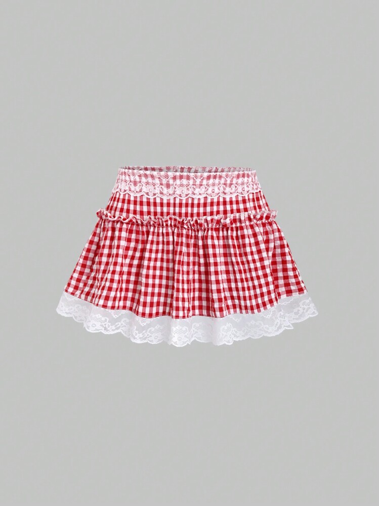 Sweetra Falda corta con volantes de encaje y detalles a contraste en estilo de cuadros vichy para outfit y looks de verano, Año Nuevo y estilo Y2K para mujer