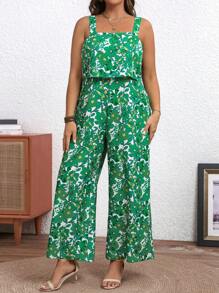SHEIN Clasi Plus Allover Print Wide Leg Cami Jumpsuit For Summer - Green - View 4