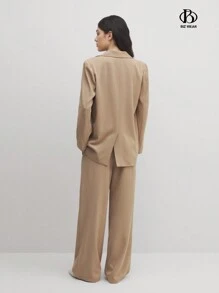 BizChic 女士清爽长袖纽扣口袋衬衫直筒舒适长裤套装商务休闲女装秋季女装 - 棕色 - 查看 2