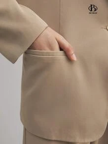 BizChic 女士清爽长袖纽扣口袋衬衫直筒舒适长裤套装商务休闲女装秋季女装 - 棕色 - 查看 7