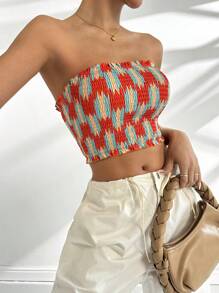 SHEIN Unity Top tubo corto con estampado fruncido y ribete de volantes