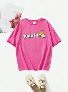Gudetama X SHEIN Tween Girls' Cartoon Printed Pink Casual Short Sleeve T-Shirt, Cute And Lively