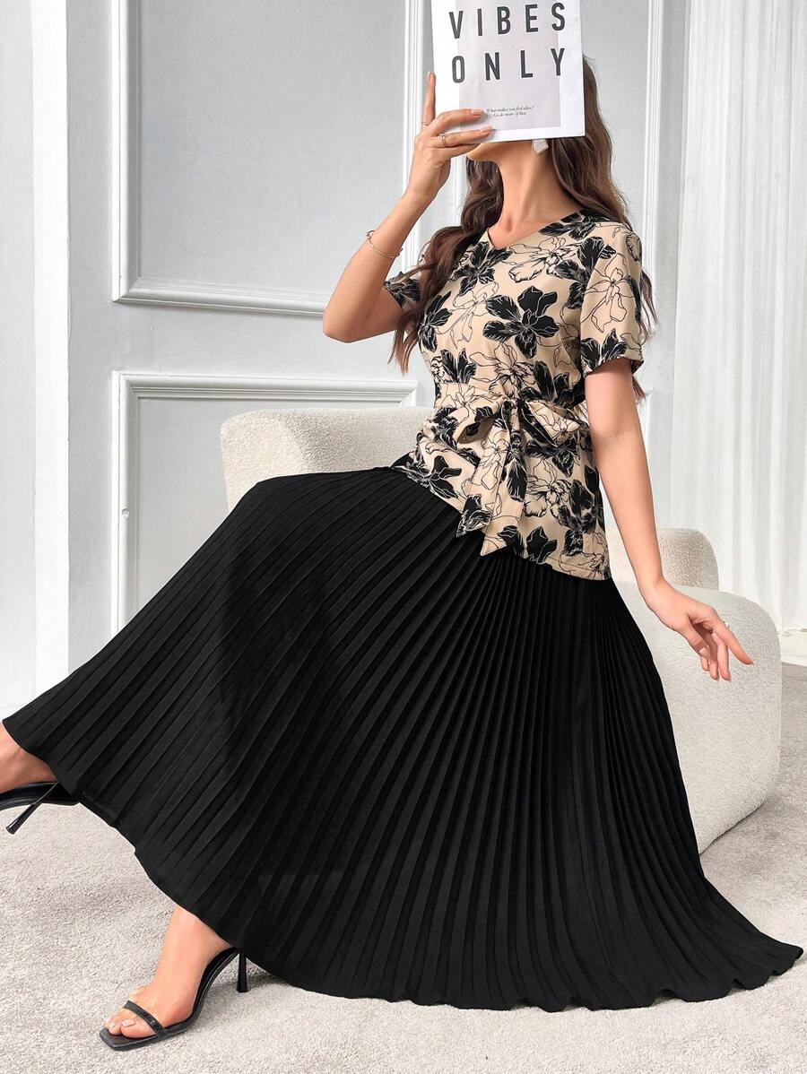 Al Najma Floral Print Knot Side Pleated Hem 2 In 1 Dress - Black - View 1