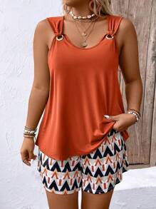 Ensemble de débardeur décontracté et short imprimé géométrique pour femme grande taille pour l\'été