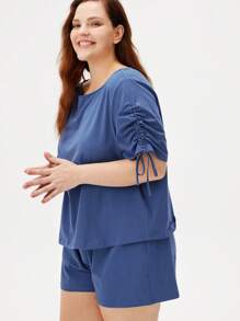 LUVLETTE Women Plus Soft Drawstring Cotton Pajamas Top & Shorts PJ Set Boxer Set,Spring And Summer Matching Sets Cotton Pajamas Fashion Casual Comfy Outfits - Mint Blue - View 5