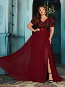 QOQ Plus Size Minimalist Solid Color Sequin Patchwork Chiffon Dress - Burgundy - View 6