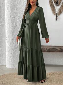 SHEIN Clasi 女士纯色简约日常长袖连衣裙长款女装 - 綠色 - 查看 4