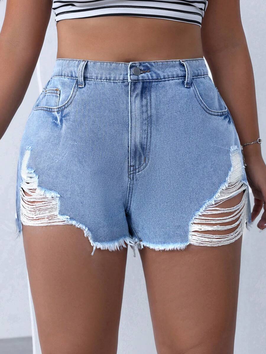 SHEIN EZwear Quần short denim sờn thông thường cỡ lớn mùa hè với chi tiết đau khổ - Rửa nhẹ - Xem 1