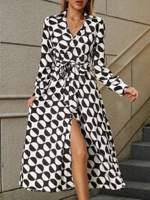 Chiquease 1pc Women V-Neck Long Sleeve Tie Front Geometric Print Dress, Autumn - Multicolor - View 5