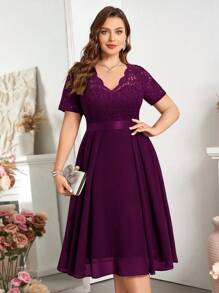 Floral Lace V-Neck Ruffle Chiffon A-Line Swing Dress, Semi-Formal Party Dress, Valentine's Day Dress, Summer Dress, Suitable For Birthday, Graduation, Back To School - Maroon - View 5