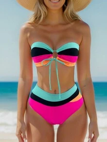 SHEIN Swim Bộ bikini sọc khoét rỗng dành cho nữ đi biển mùa hè, bộ đồ bơi hai mảnh Áo tắm - Nhiều màu - Xem 4