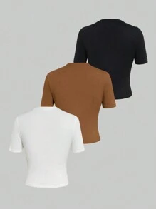 Sweetra Áo thun cổ gập màu trơn có kích thước lớn dành cho nữ - Nhiều màu - Xem 2