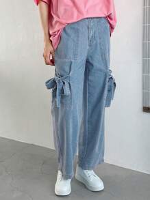 FRIFUL Jeans casuales sueltos de moda para mujer de unicolor con bolsillos grandes - Lavado ligero - Ver 9
