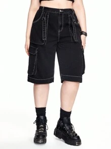 ROMWE Grunge Punk 大码街头朋克风宽松直筒黑色工装牛仔七分裤，男友风休闲百搭 - 黑色 - 查看 6