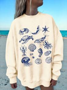 Muchica 時尚海洋生物印花連帽寬鬆長袖女士運動衫 - 米色 - 查看 7