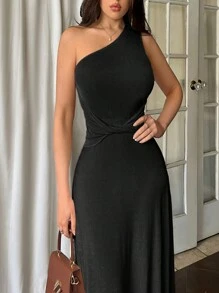 Firerie Plus Size Women Casual Elegant Holiday Beach Date Casual Twisted One Shoulder Sleeveless Asymmetrical Hem Bodycon Dress, Spring/Summer - Black - View 3