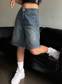 DAZY 高腰百搭丹寧半身短褲 - 深色水洗藍 - 查看 7