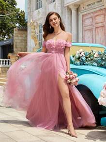 QOQ Fairy Sweet Solid Color Floral Decoration Off Shoulder Mesh High Slit Trailing Gown For Evening Party, Wedding Guests Party Dress Formal Dress Evening Dress - Pink - View 8