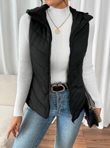 SHEIN Frenchy 女士无袖连帽绗缝加厚外套，秋冬保暖，女士深秋休闲口袋，拉链连帽修身黑色纯色女士加厚外套，冬季保暖/冬季时尚 - 黑色 - 查看 4