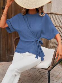 SHEIN LUNE Solid Color Batwing Sleeve Wrap Tie Shirt - Blue - View 6