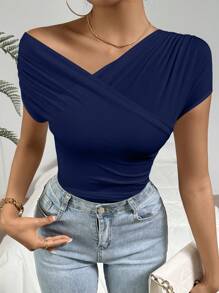 Firerie Women's Asymmetrical Neckline Short Sleeve Pleated Solid Color Minimalist Gathering Design T-Shirt - Navy Blue - View 6