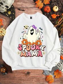 1pc Women's Casual Halloween Letter And Ghost Printed Sweatshirt With Round Neck, Autumn/Winter Season
