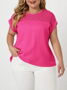 SHEIN Clasi Blouse à manches chauve-souris en dentelle contrastée, pour l'été