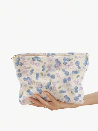 Kawaii Cute Blueberry Pattern Double-Sided Printed Corduroy Cosmetic Bag