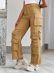 SHEIN Explorewe Quần dài denim kaki dành cho nữ tuổi teen, thiết kế nhiều túi - Màu Khaki - Xem 3