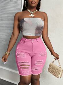 SHEIN Slayr Ladies' Simple Daily Ripped Denim Shorts - Pink - View 3