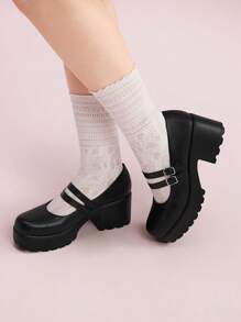 CUCCOO DOLLMOD Women Double Buckle Decor Platform Shoes, Elegant Black Mary Jane Shoes For Summer Vacation Shoes Summer Christmas Fall New Year Holiday