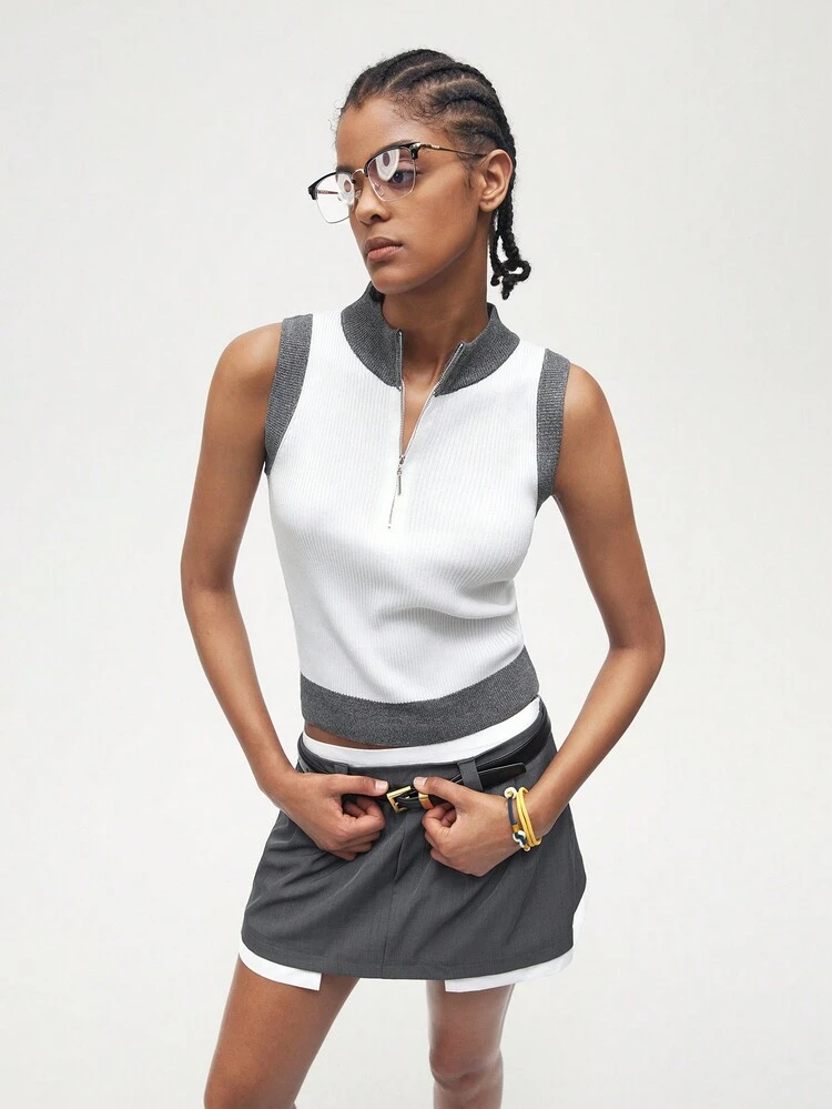 SHEIN Maija Damen Ärmelloses Sommer Top mit halbem Reißverschluss aus Kontrastfarben gestrickt und ohne Knöpfe im Lässig stil