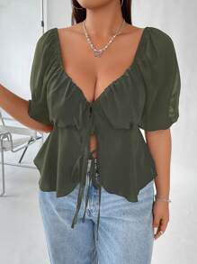 Flirla 大碼純色甜心領衫，胸前褶皺設計，性感 - 軍綠色 - 查看 3