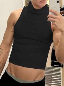 男士高領無袖純色針織運動時尚背心，適用於戶外活動