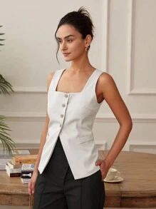 女士方领短袖纽扣前开衩下摆修身休闲日常背心，Old Money 短款上衣，露背商务休闲衬衫，春夏