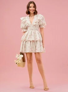 Enchnt Women's Floral Print Puff Sleeve Short Sleeve Dress For Daily Wear - Pink - View 3