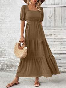 Breezaya Vestido Longo com Decote Quadrado, Manga Bufante e Bainha com Babados - Caramelo - Visão 5