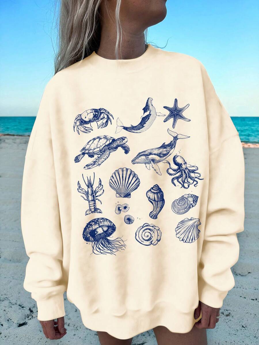 Muchica 時尚海洋生物印花連帽寬鬆長袖女士運動衫 - 米色 - 查看 1