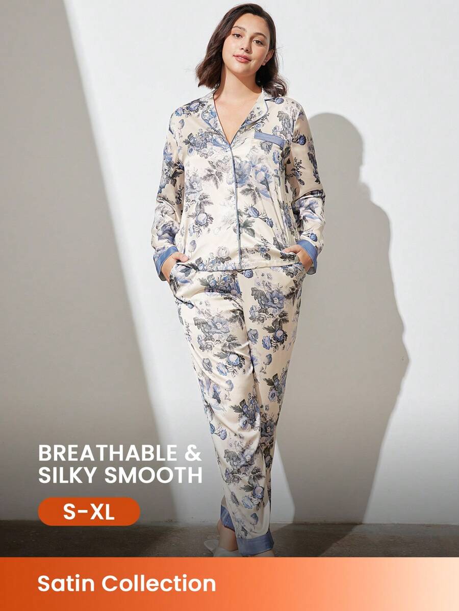 LUVLETTE 秋冬季碎花缎面长款女士睡衣套装休闲套装内衣秋季睡衣衣服