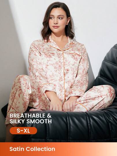 LUVLETTE Autumn And Winter Floral Pattern Satin Long Women Pajama Sets Lounge Sets For Women Lingerie Fall Pajamas Clothes