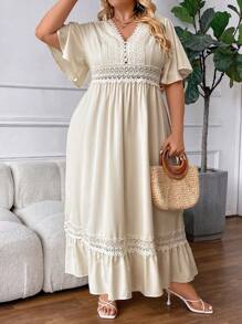 SHEIN CURVE+ Vestido de manga corta sencillo y de tamaño grande para mujer en unicolor ideal para uso diario - Albaricoque - Ver 3
