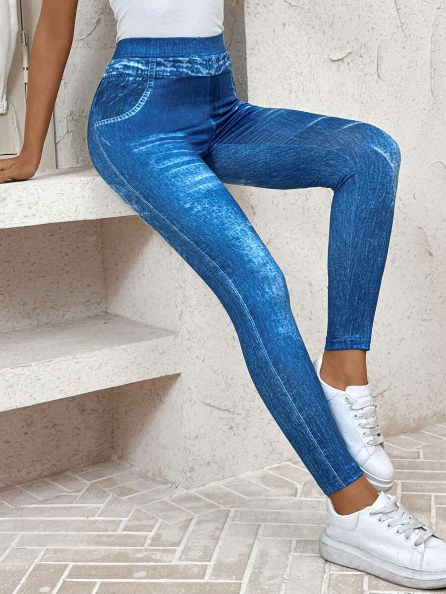 SHEIN LUNE Denim Effect Ladies' Simple Daily Wear Leggings - Blue - View 1