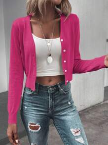 SHEIN LUNE Solid Button Front Crop Hot Pink Cardigan For Dailywear - Hot Pink - View 1
