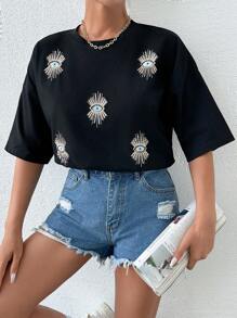 EURMUSE 100%纯棉，通体刺绣，亮片眼睛，宽松T恤，棉质面料 - 黑色 - 查看 3