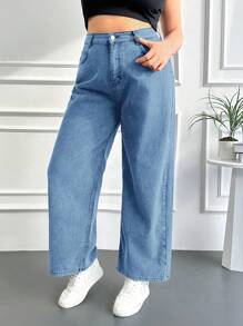EURMUSE Plus Pocket Detail Wide Leg Jeans - Blue - View 1