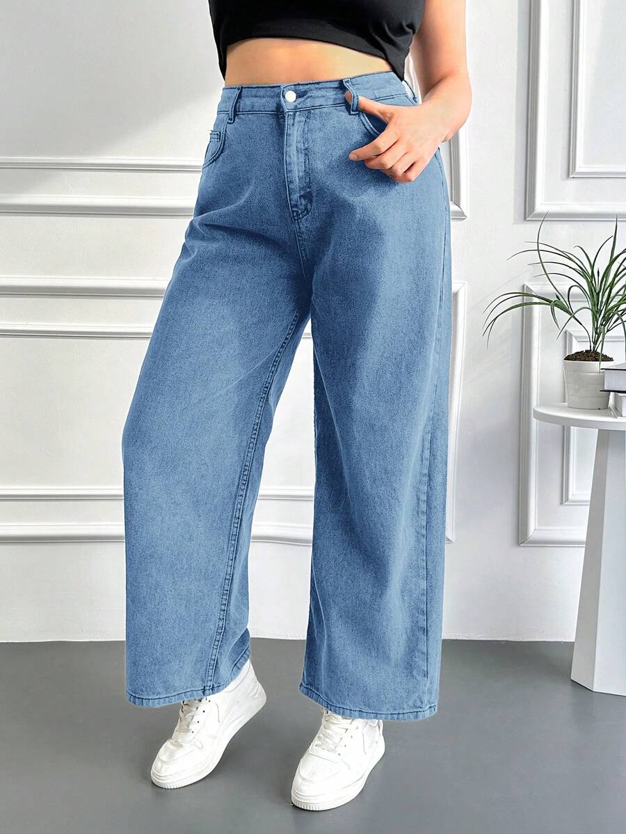 EURMUSE Plus Pocket Detail Wide Leg Jeans - Blue - View 1