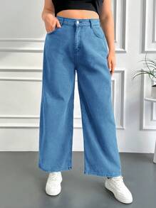 SHEIN Cottnline Talla grande Jeans con cremallera de pierna ancha - Azul - Ver 4